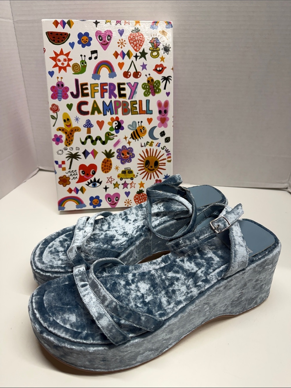 Jeffrey Campbell Activate Velvet Platform Sandals Shoes Open Toe Sky Blue Size 6